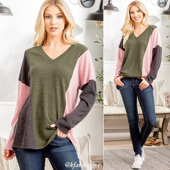 LAST 1! V Neck Soft Vertical Stripe Olive/Pink Color Block Top! - Picture 5 of 11
